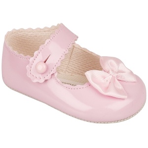 Baby Girls Pink Button Bow Patent Pram Shoes